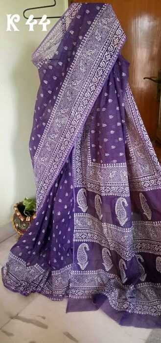 Purple Block Printed Kota Doria Saree