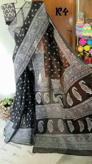 Black White Block Printed Kota Doria Saree