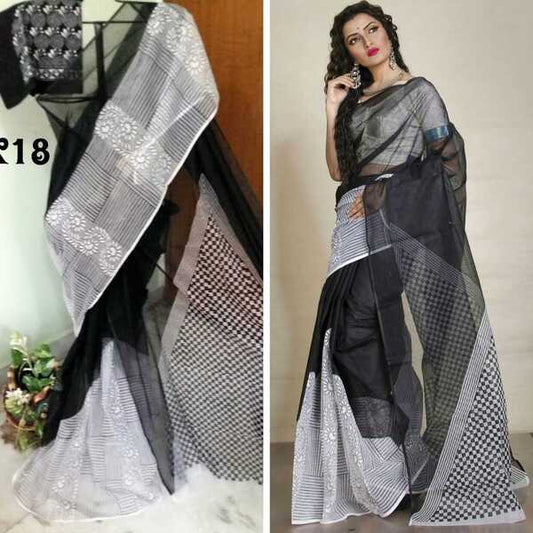 Black White Block Printed Kota Doria Saree