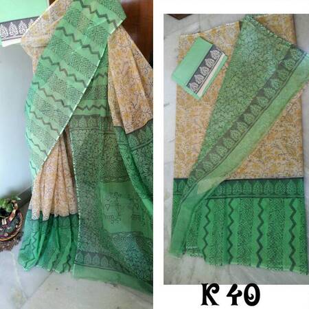 Green Block Printed Kota Doria Saree