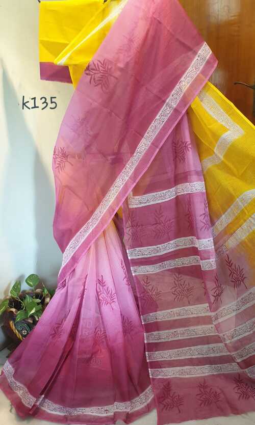 Pink Yellow Block Printed Kota Doria Saree