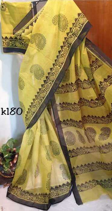 Black Yellow Block Printed Kota Doria Saree