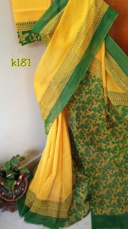 Yellow Green Block Printed Kota Doria Saree