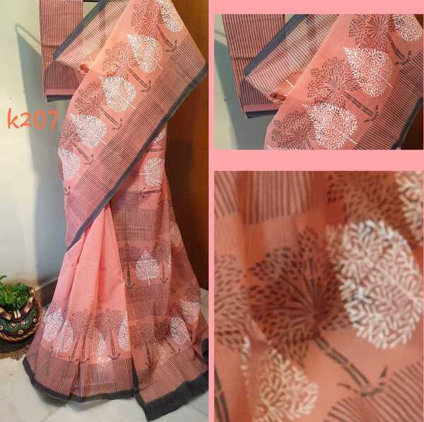 Orange Block Printed Kota Doria Saree