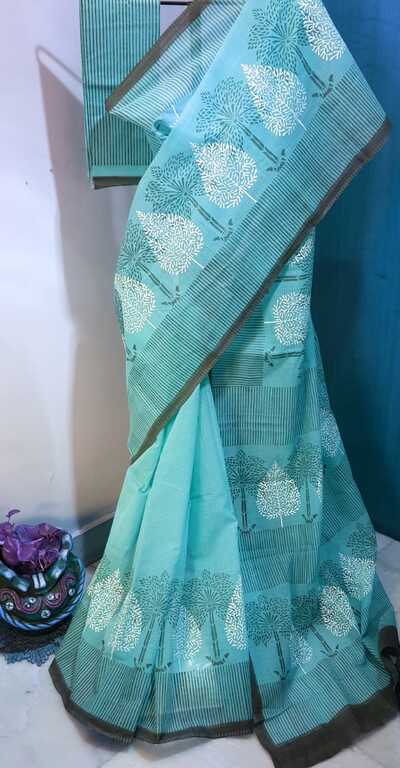 Sky Blue Block Printed Kota Doria Saree