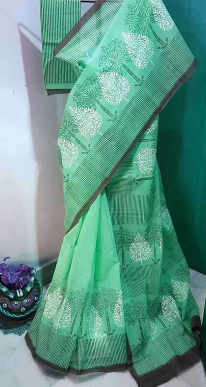 Green Block Printed Kota Doria Saree