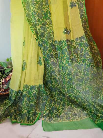 Green Block Printed Kota Doria Saree