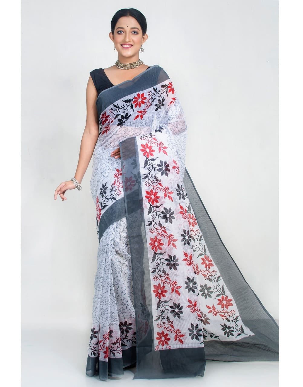 PJSE19A002 White Black Block Print Kota Doria Saree