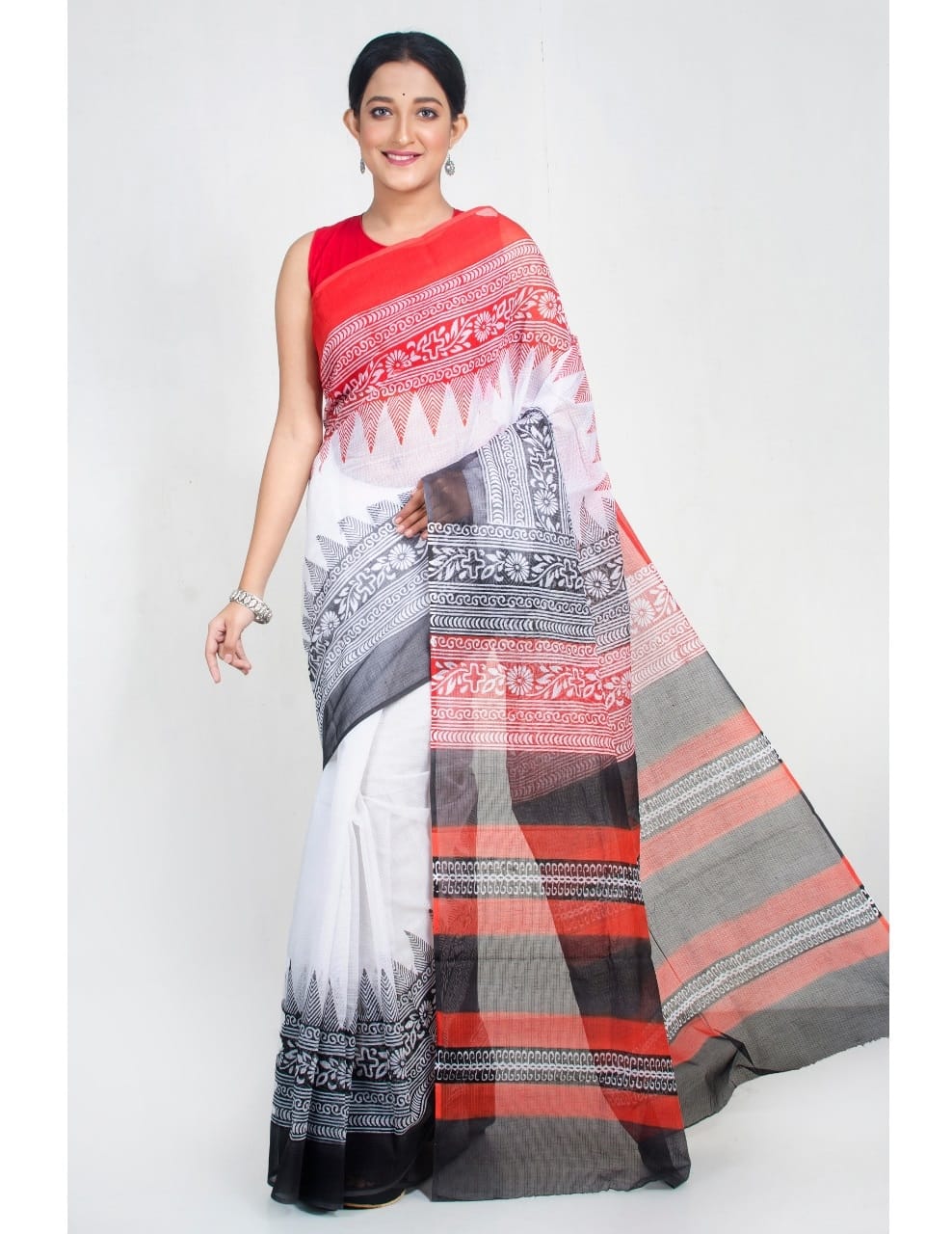 White Black Block Print Kota Doria Saree