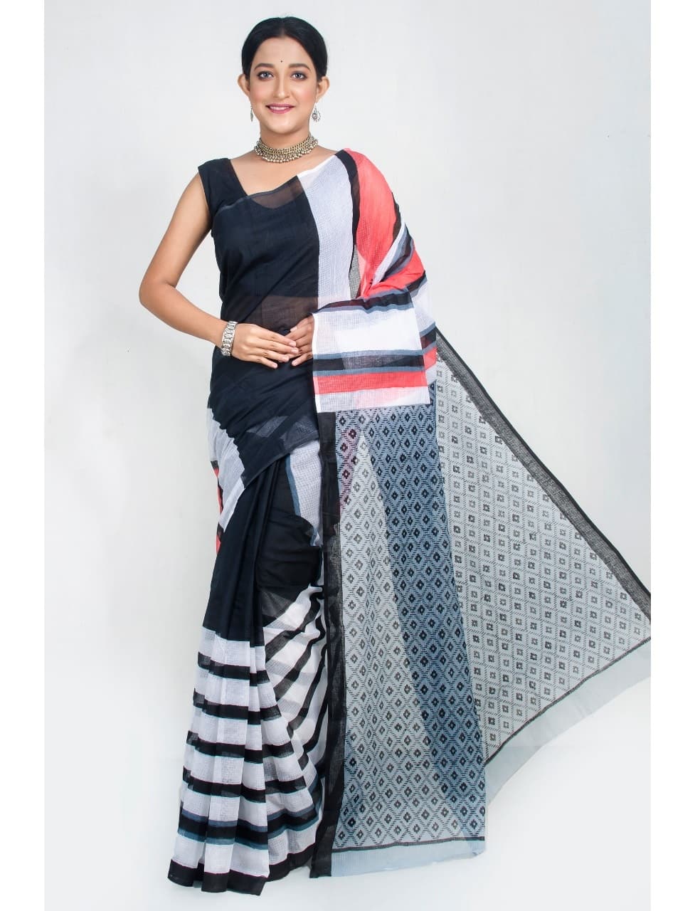 PJSE19A007 Black White Block Print Kota Doria Saree