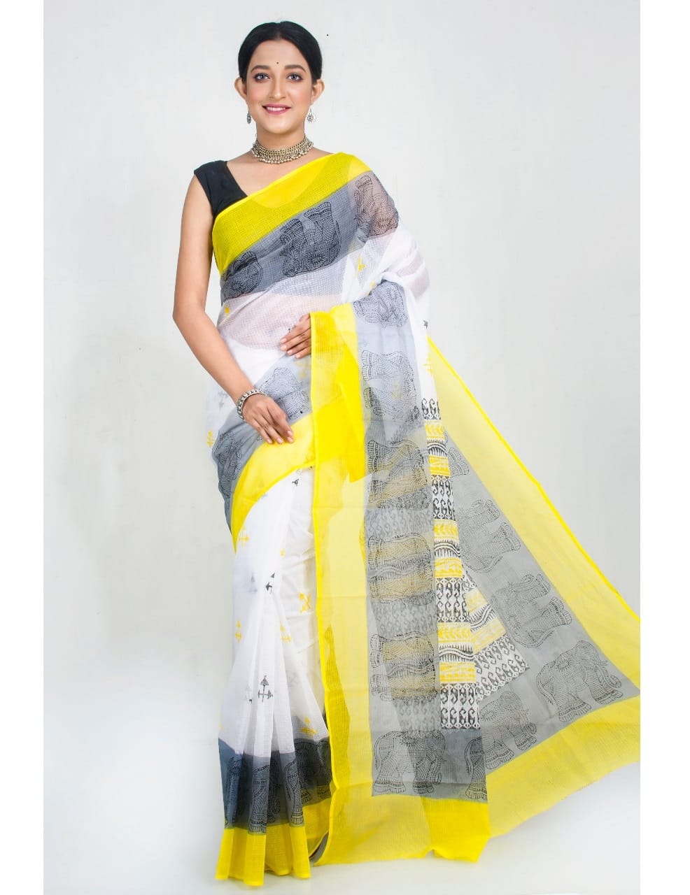 PJSE19A006 White Yellow Block Print Kota Doria Saree