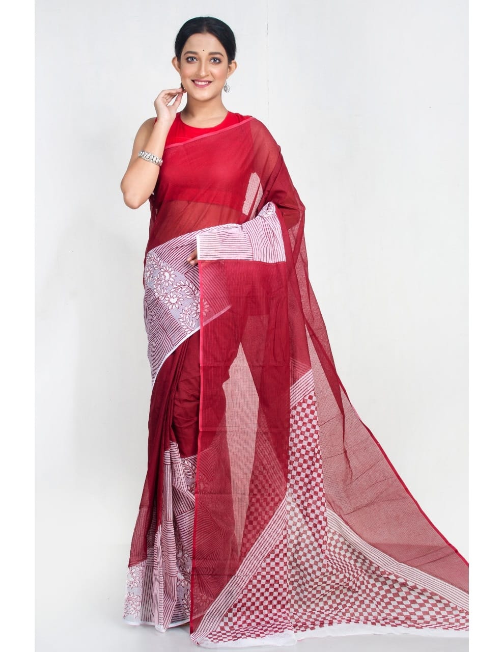 Red White Block Print Kota Doria Saree