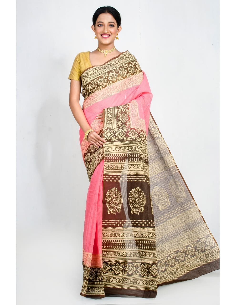 Peach Brown Block Print Kota Doria Saree