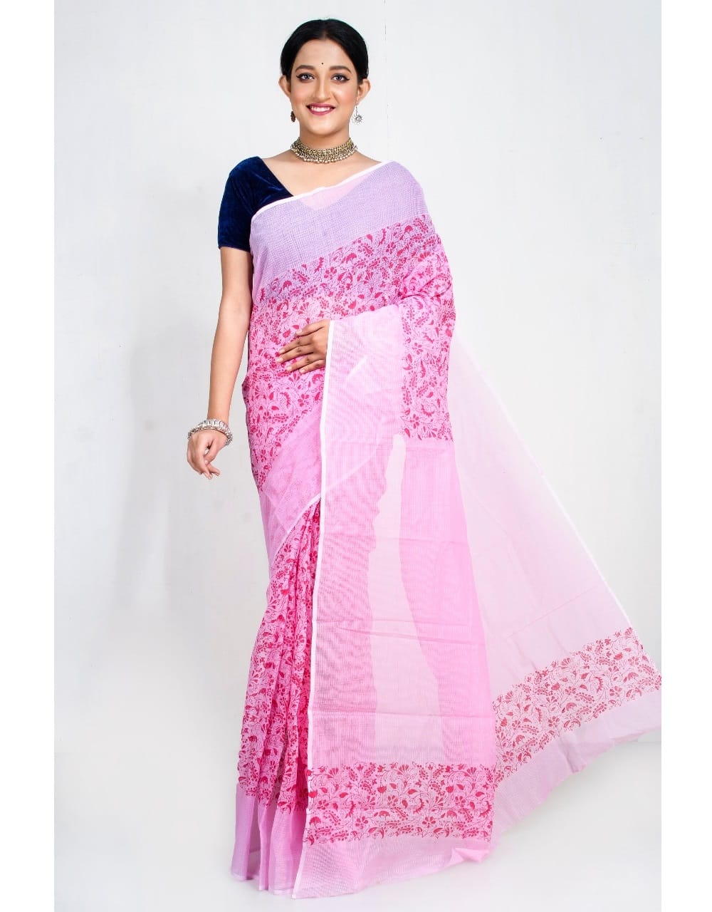 Pink White Block Print Kota Doria Saree