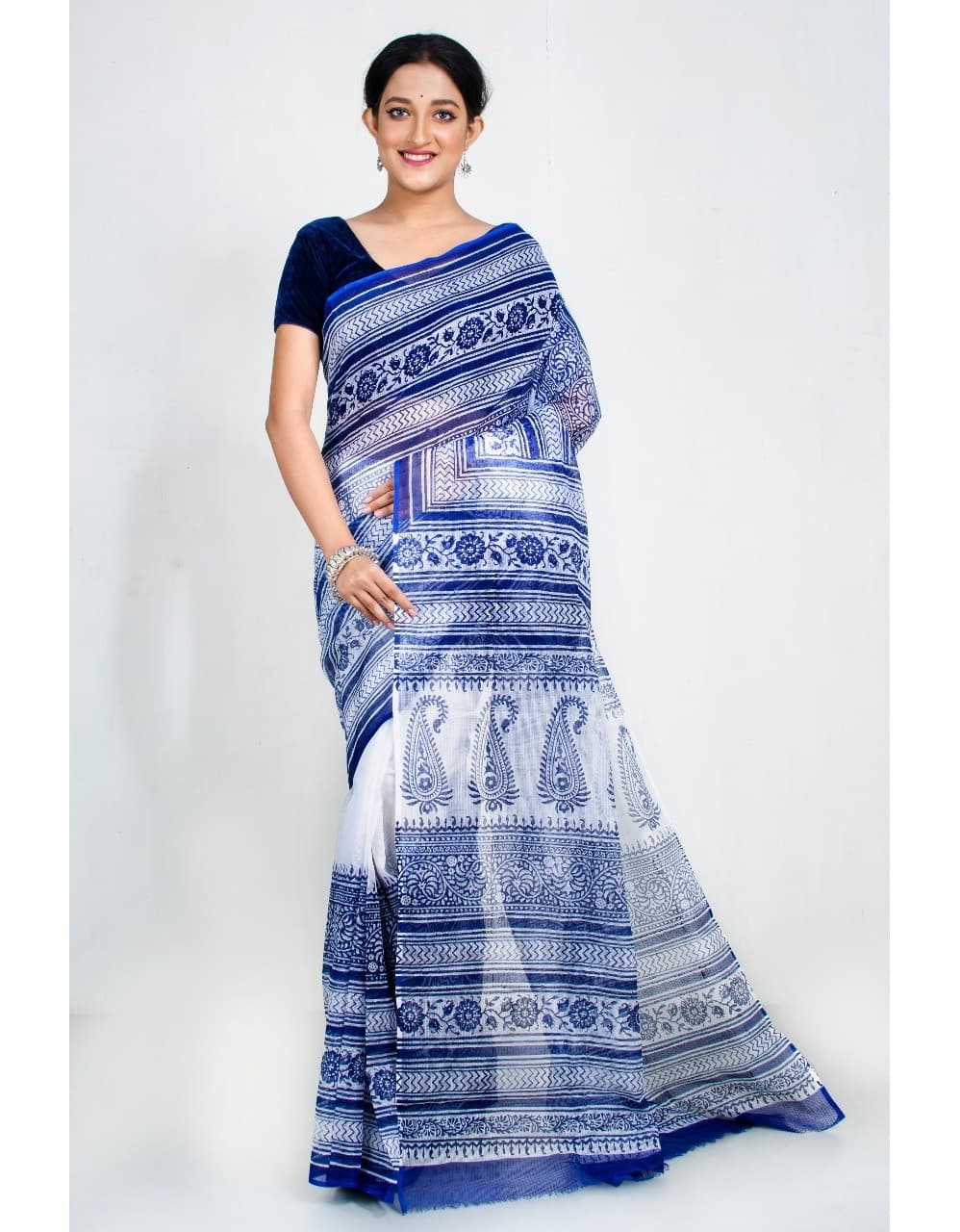 White Blue Block Print Kota Doria Saree