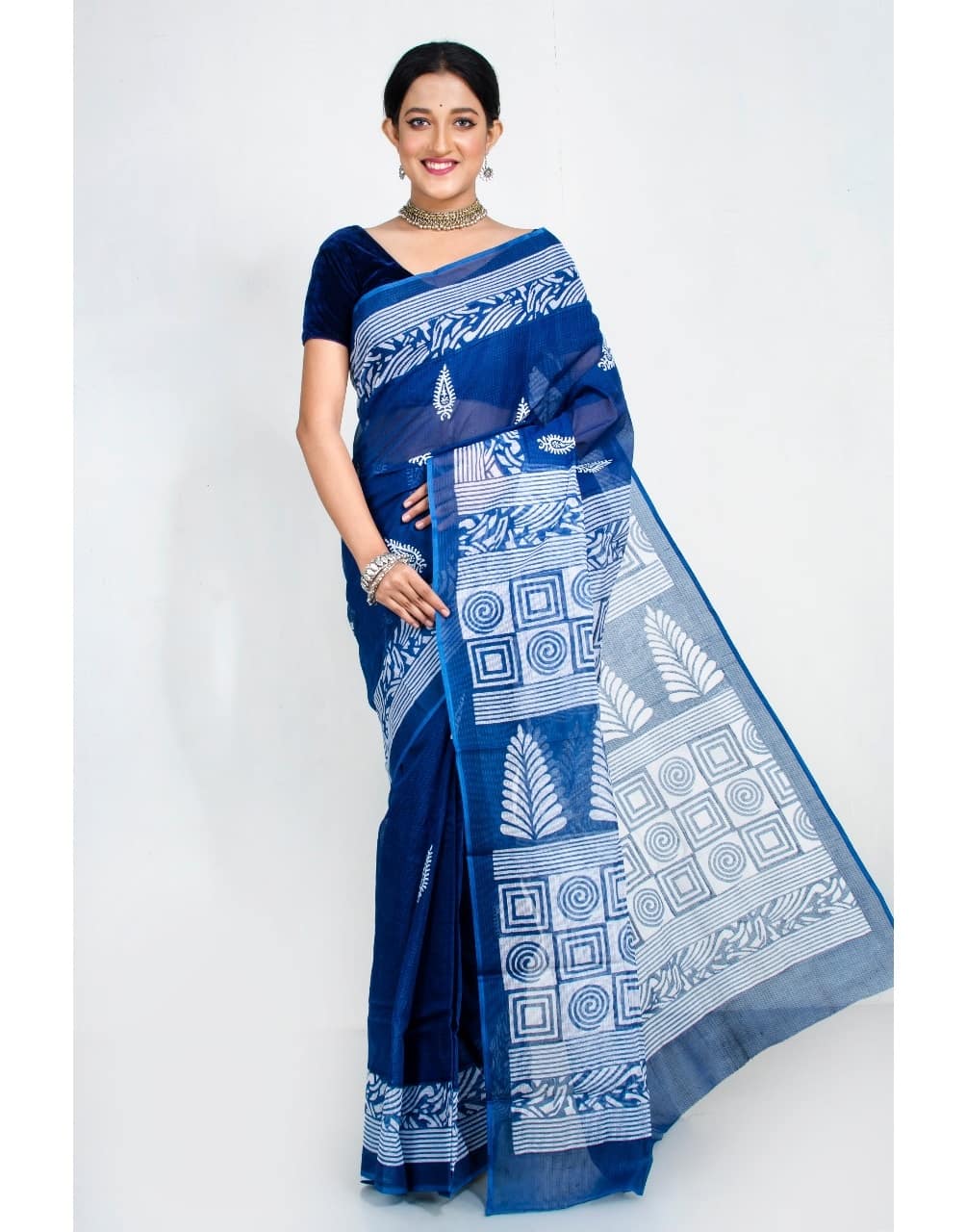 Blue White Block Print Kota Doria Saree