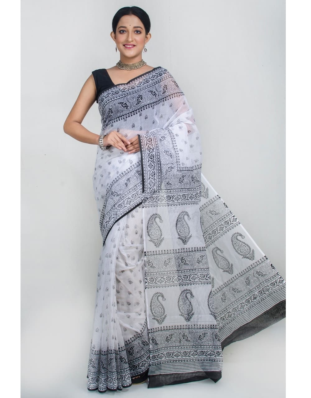 PJSE19A001 White Black Block Print Kota Doria Saree