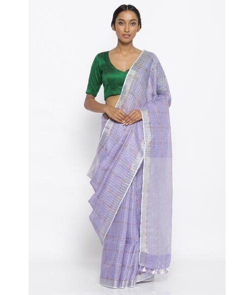 Violet Silver Handloom Linen Pure Saree