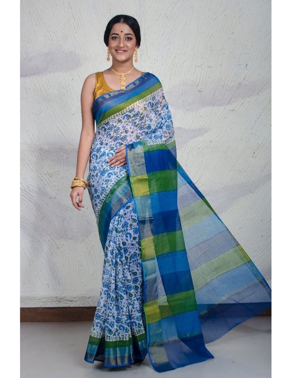 PJOC19A002 White Blue Block Print Kota Doria Saree