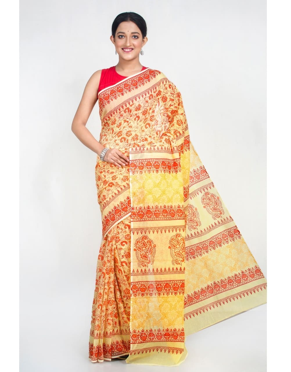 Yellow Red Block Print Kota Doria Saree