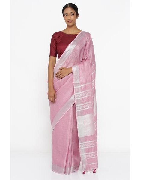 Rose Silver Pure Handloom Linen Pure Saree