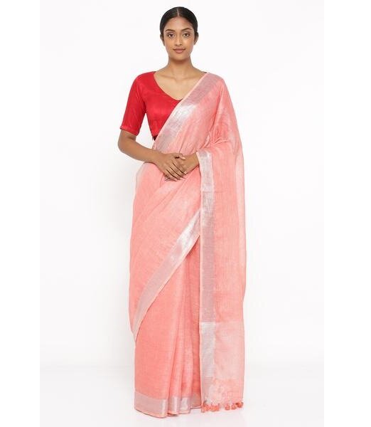 Peach Silver Pure Handloom Linen Pure Saree