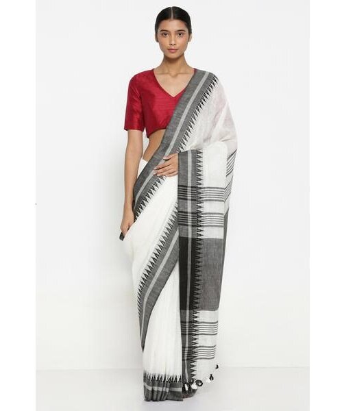 White Black Pure Handloom Linen Pure Saree