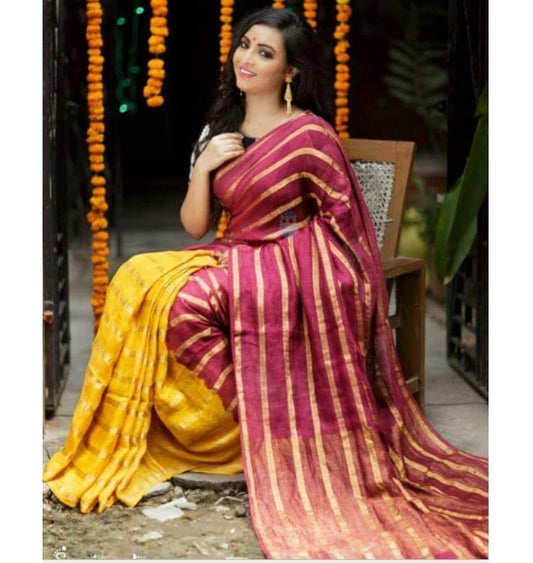 Red Yellow Pure Handloom Linen Pure Saree