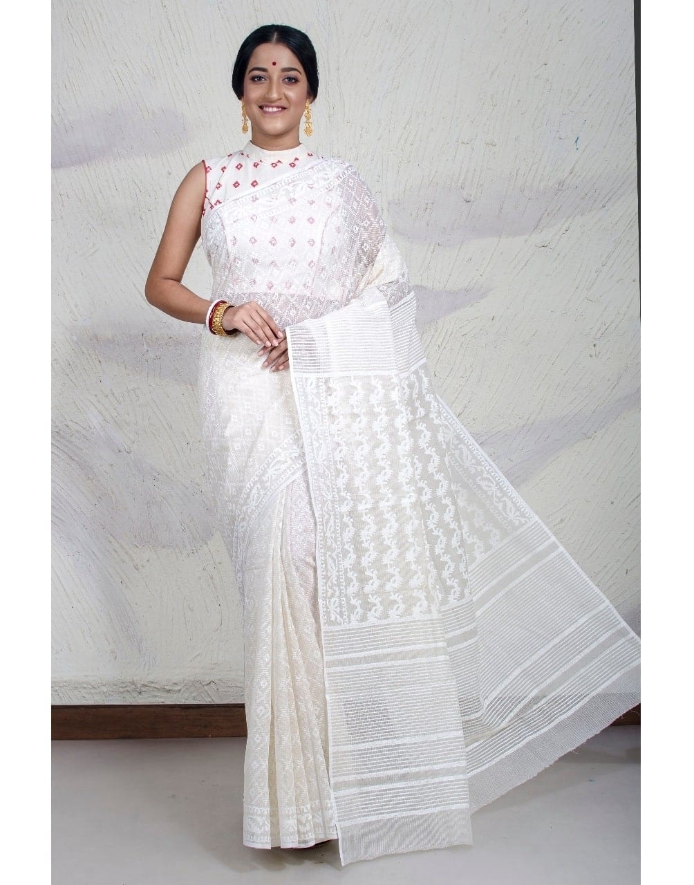 PJOC19A001 Off White Block Print Kota Doria Saree