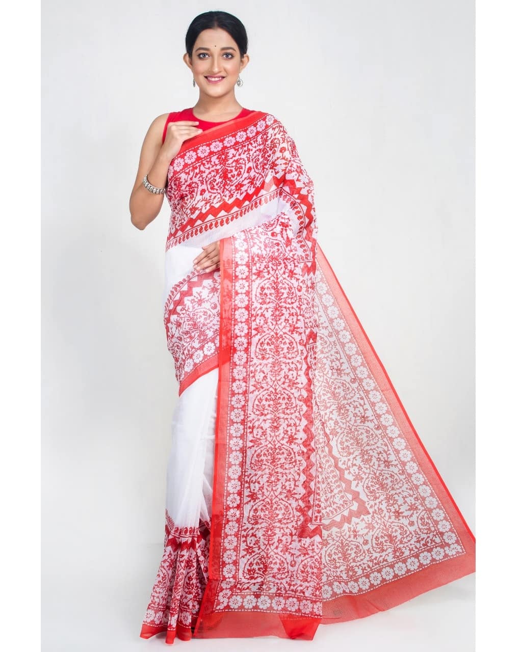 White Red Block Print Kota Doria Saree