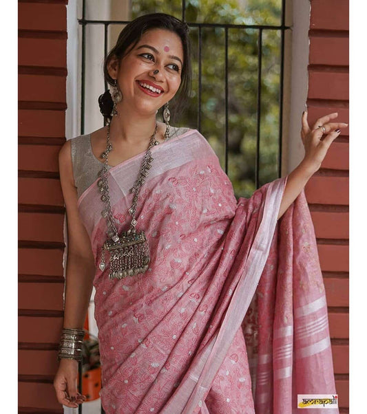 Pink Silver Linen Saree