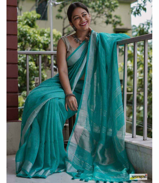 Blue Silver Linen Saree