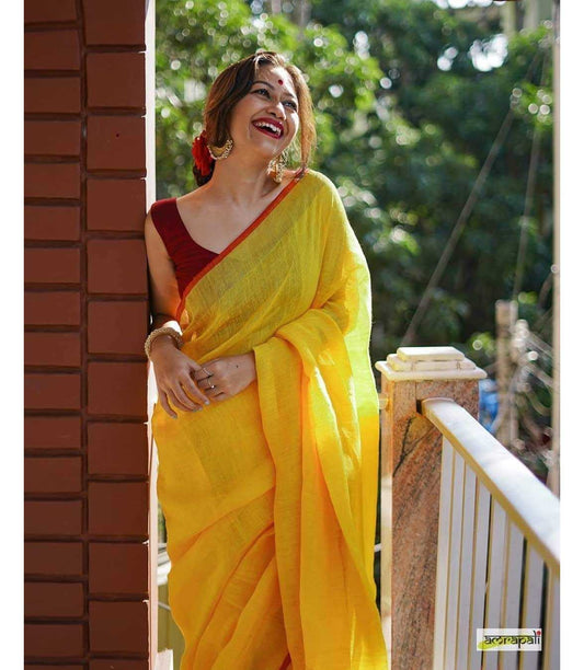 Yellow Red Linen Saree