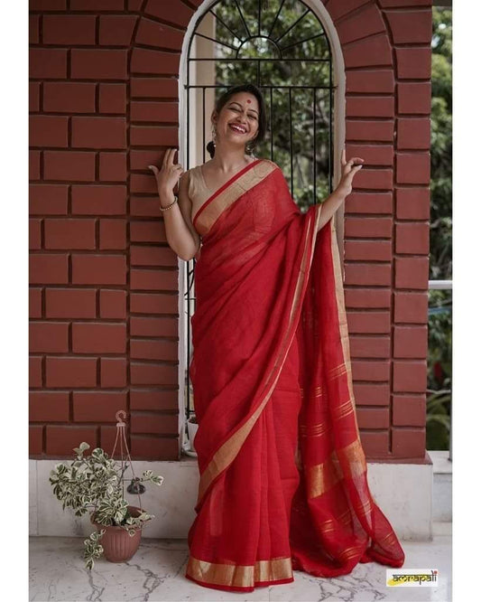 Red Gold Linen Saree