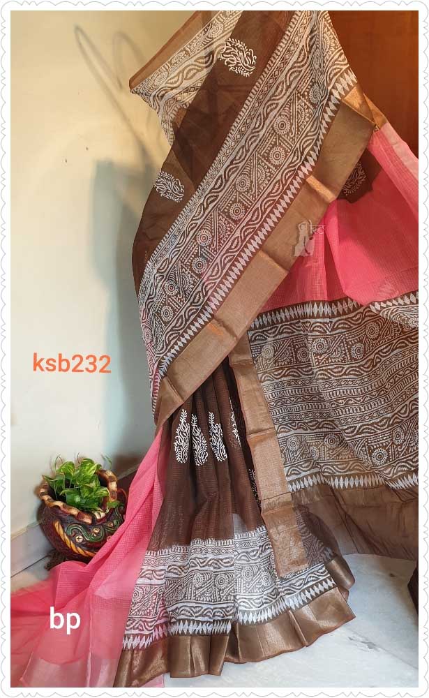 PJOC20A002 Brown White Block Print Kota Doria Saree