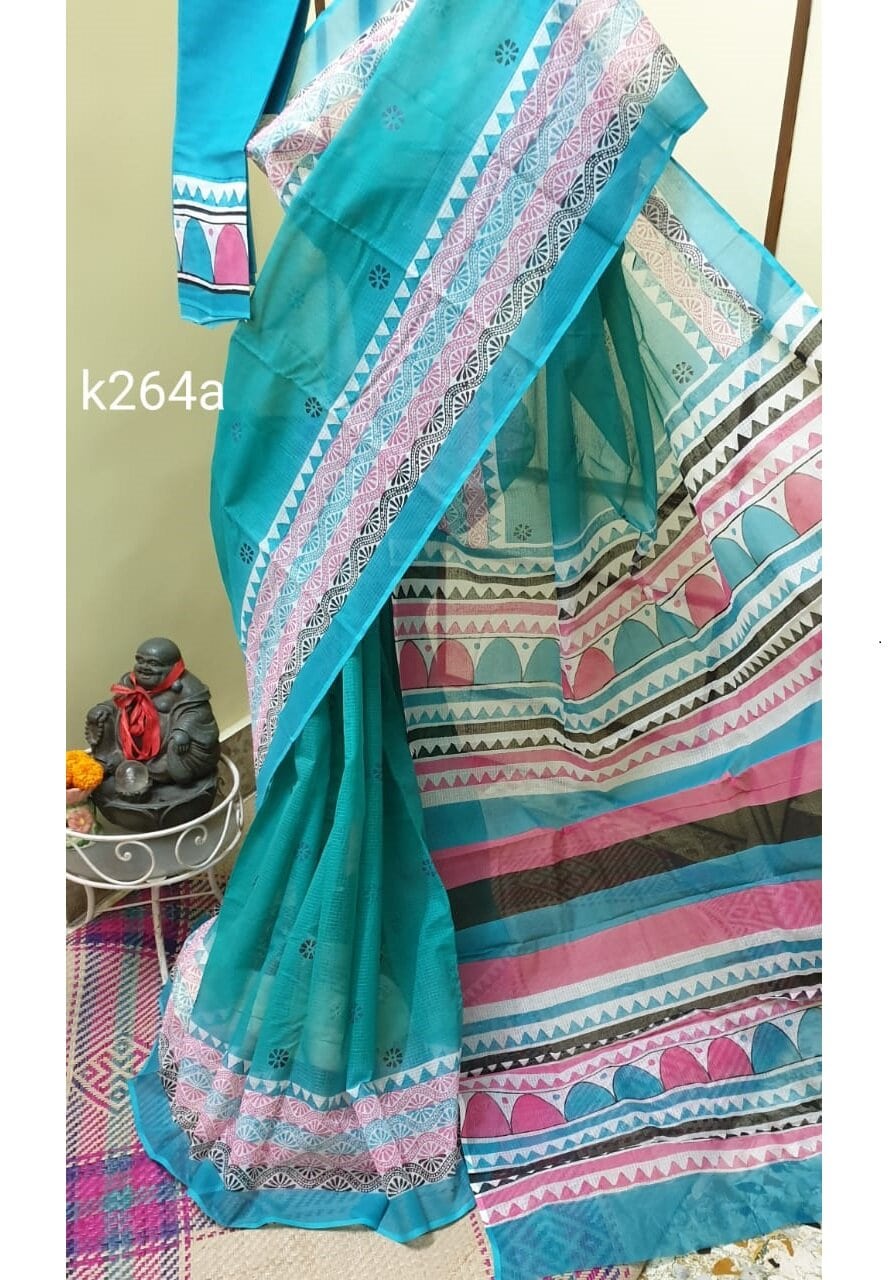 Blue Pink Kota Doria Saree