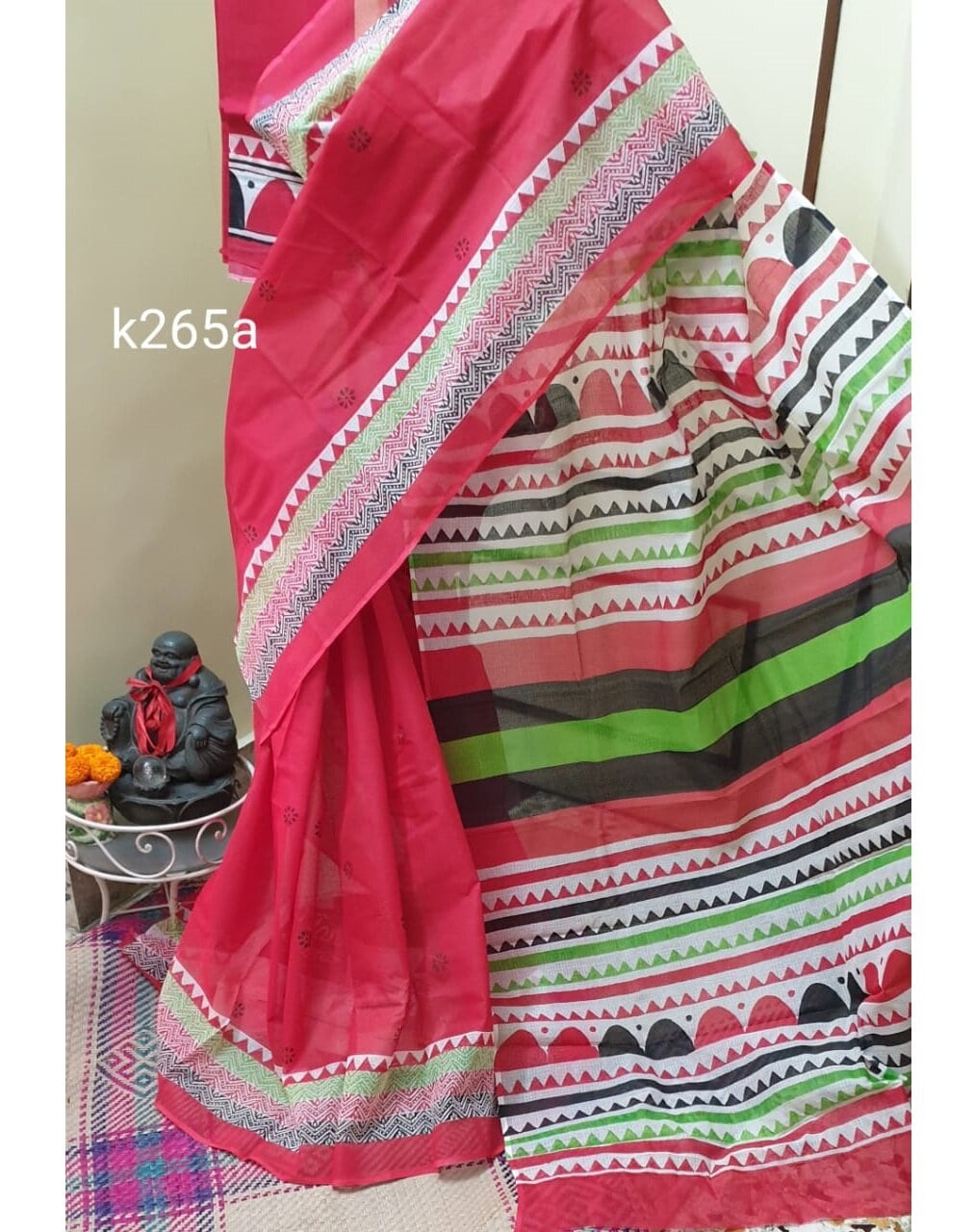 PJNV20B019 Red White Block Printed Kota Doria Saree