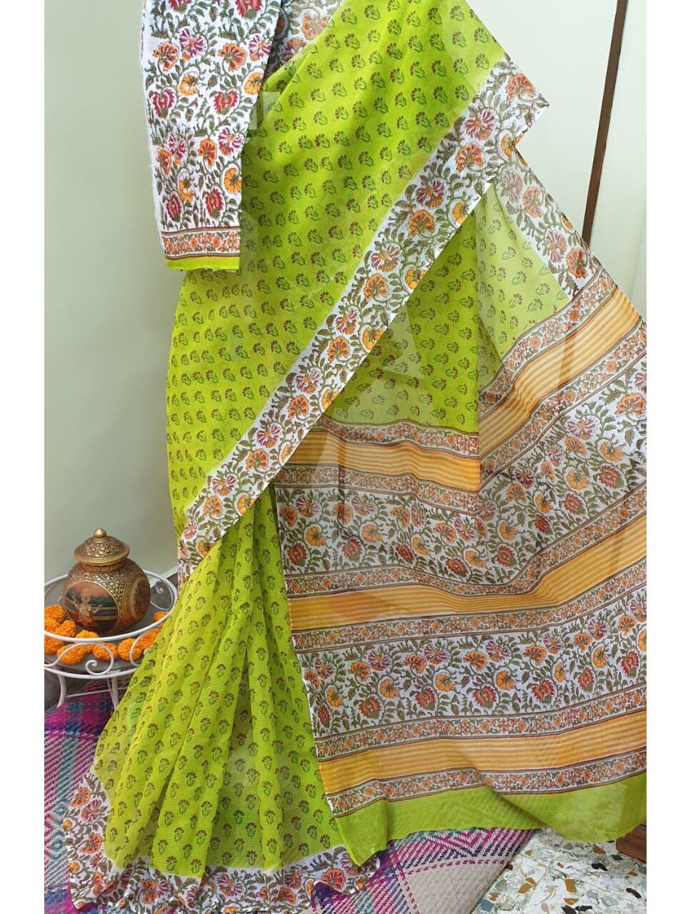 Green White Kota Doria Saree