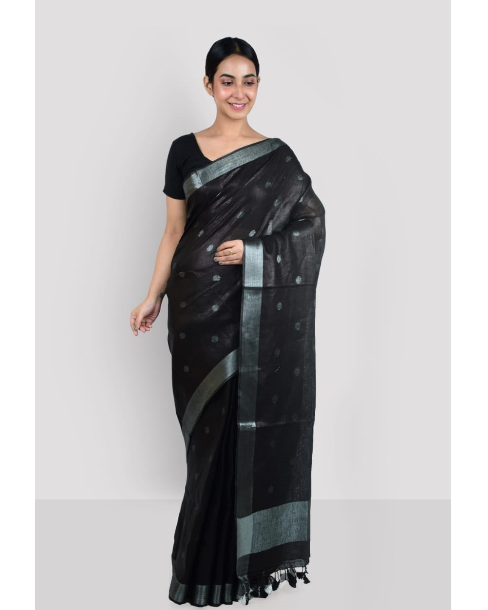 Black Silver Pure Handloom Linen Pure Saree