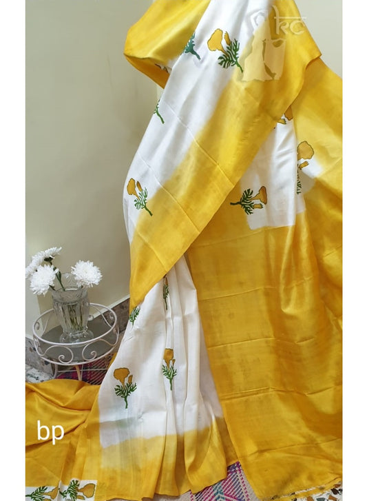 White Yellow Bishnupuri Silk Saree
