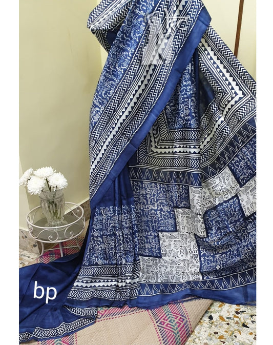 Blue Black Bishnupuri Silk Saree