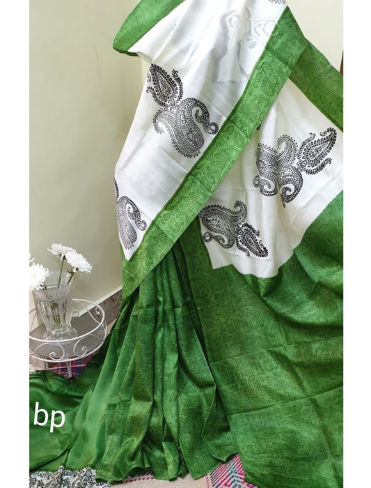 PJDE20A035 White Green Hand Painted Pure Bishnupuri Silk Saree