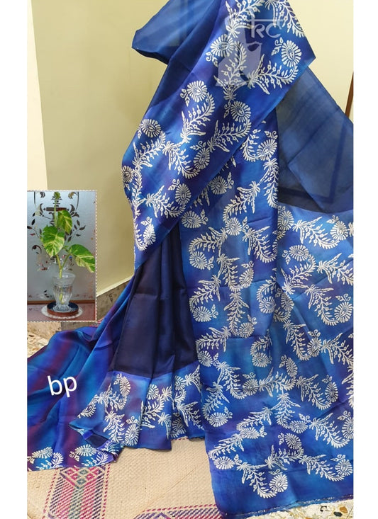 PJDE20A036 Blue White Hand Painted Pure Bishnupuri Silk Saree