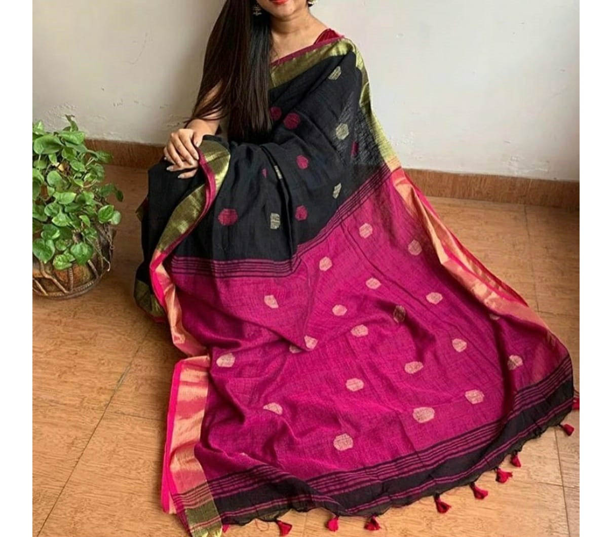 Black Pink Pure Handloom Linen Pure Saree