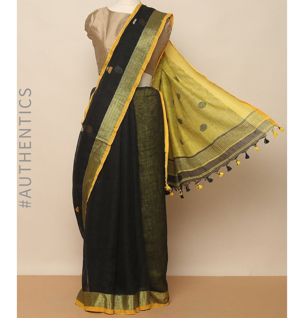 Black Yellow Pure Handloom Linen Pure Saree