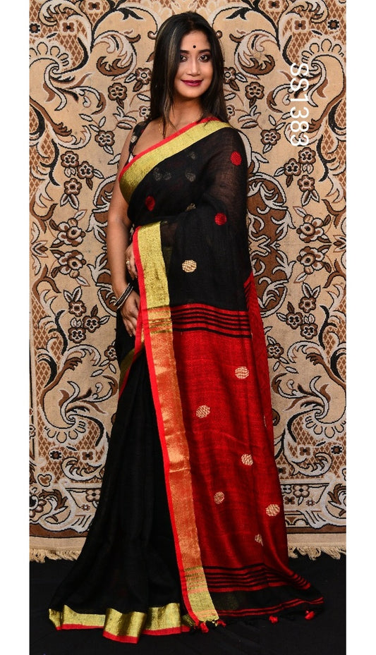 Black Red Pure Handloom Linen Pure Saree