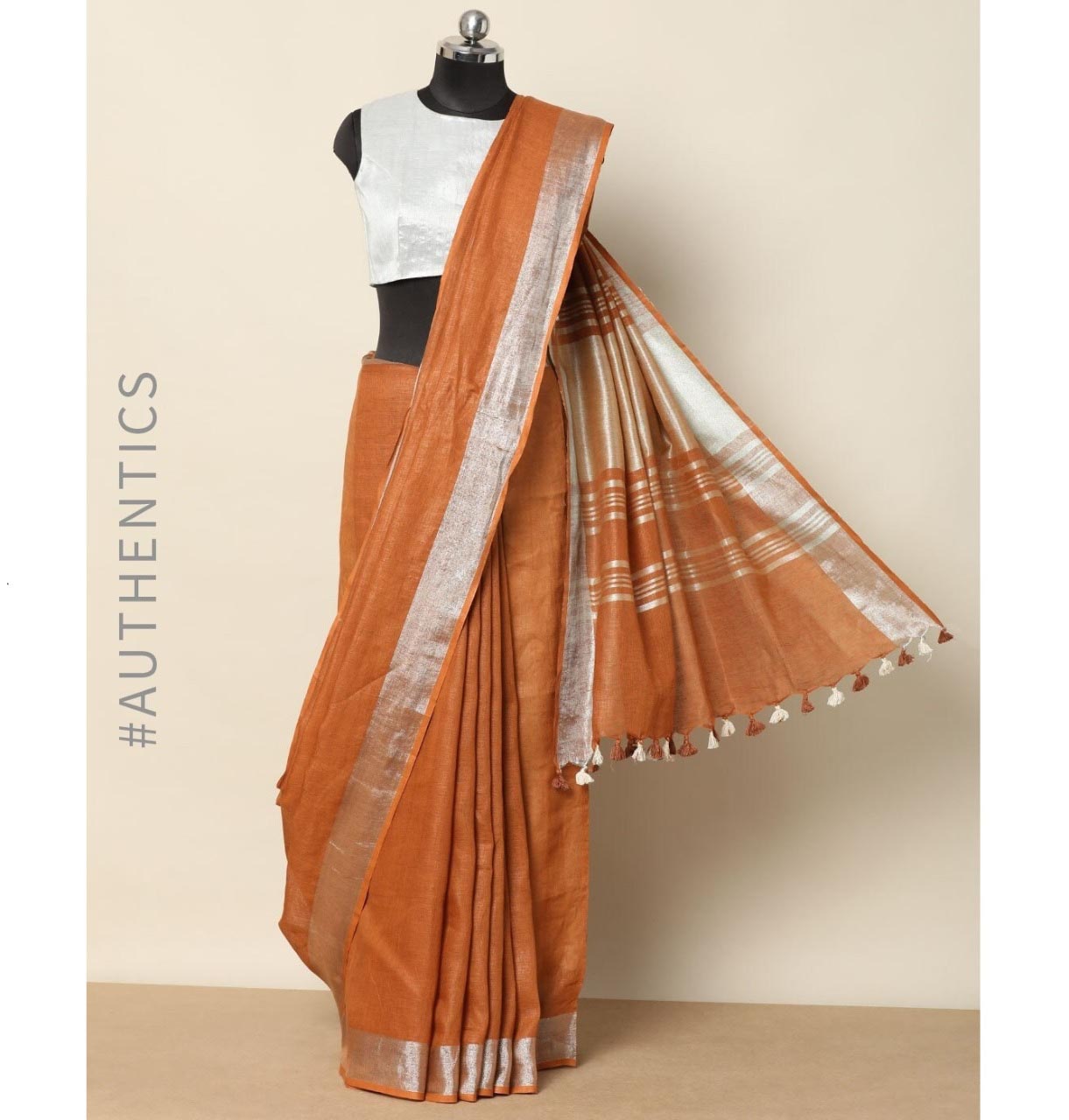 Orange Silver Pure Handloom Linen Saree