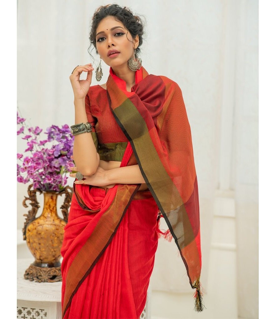 Red Gold Pure Handloom Linen Pure Saree