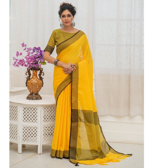 Yellow Black Pure Handloom Linen Pure Saree