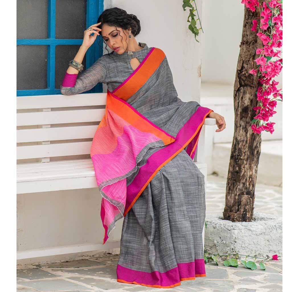 Grey Rose Pure Handloom Linen Pure Saree